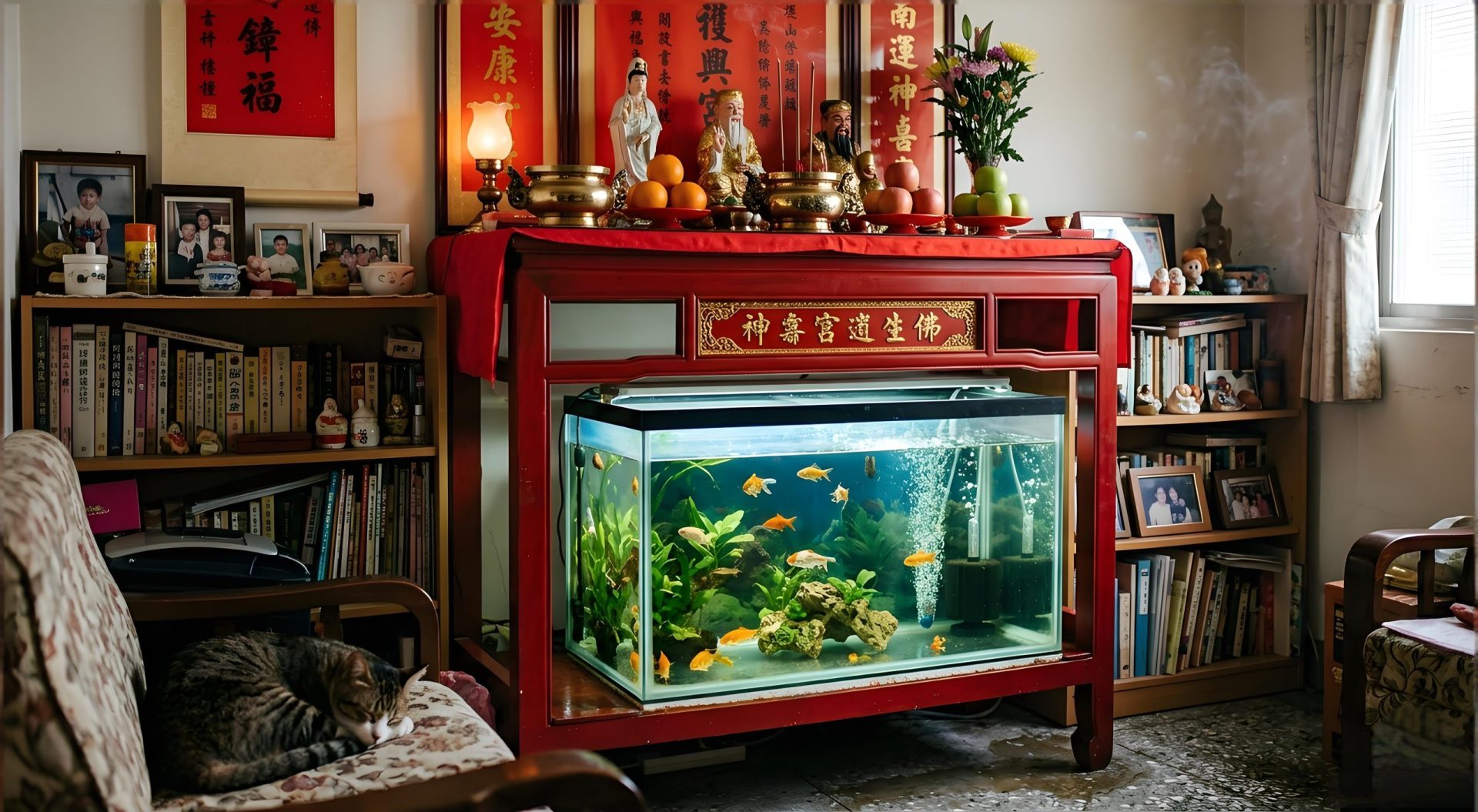 神桌下擺放魚缸